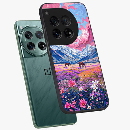 Dreamy Floral Pastures Glass Case for 1+12 angled mockup showcasing glossy finish and gentle bloom textures