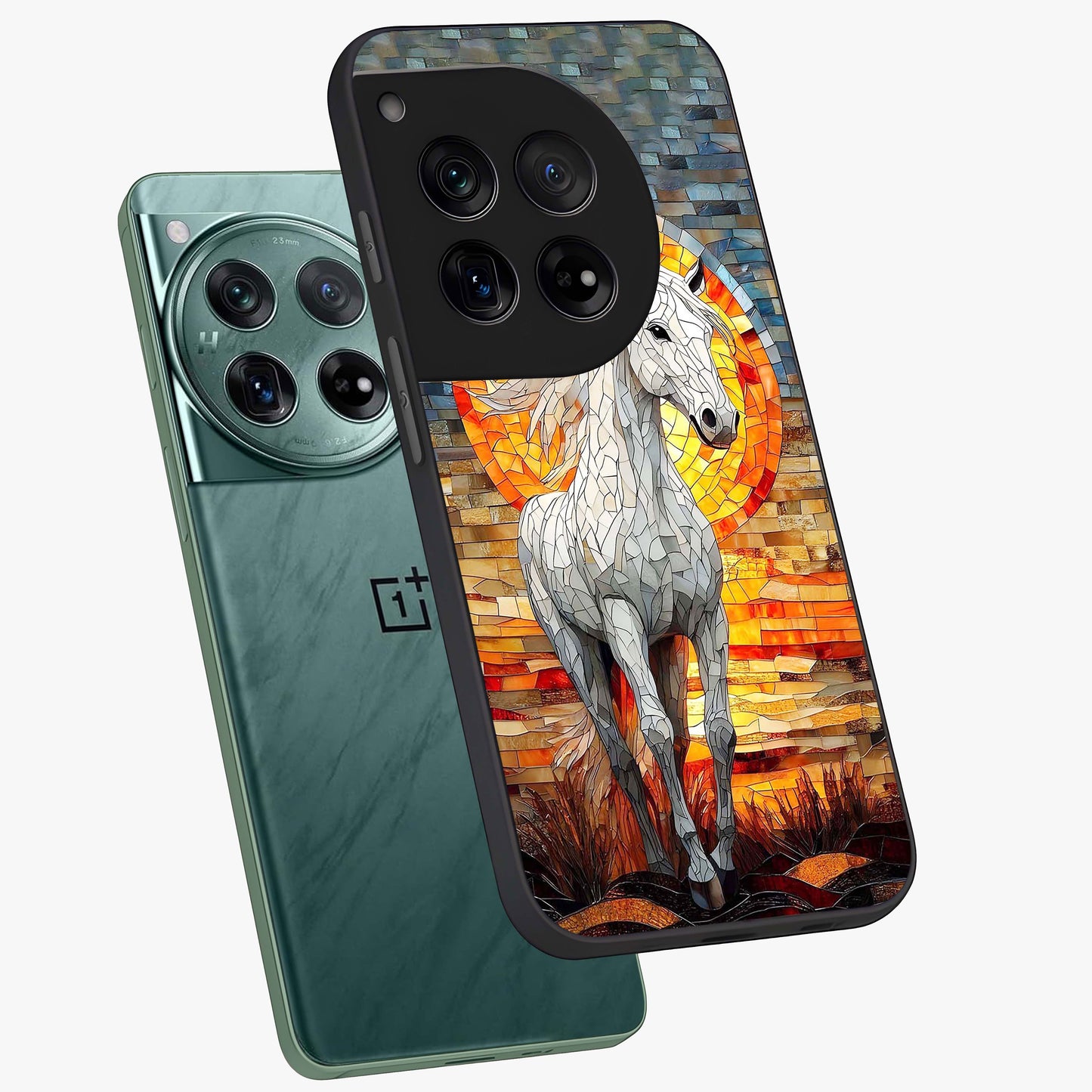 Elected Horse Glass Case for 1+12 angled mockup showcasing glossy finish and dynamic equestrian detailing