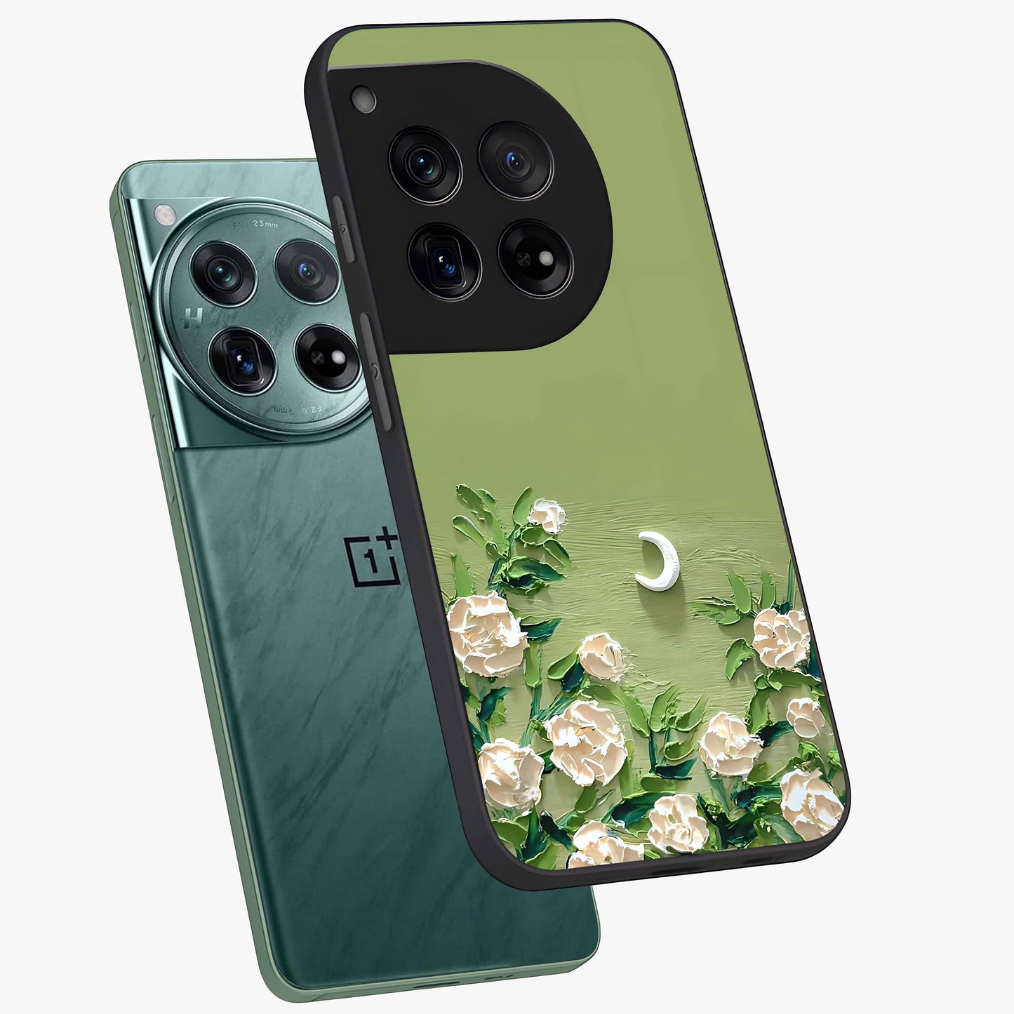 Emerald Bloom Calm Glass Case for 1+12 angled mockup showcasing glossy finish and rich green tones