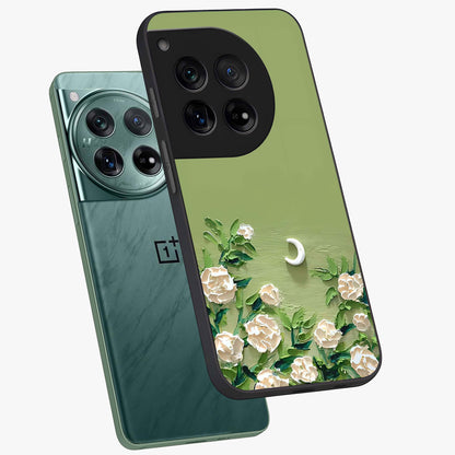 Emerald Bloom Calm Glass Case for 1+12 angled mockup showcasing glossy finish and rich green tones