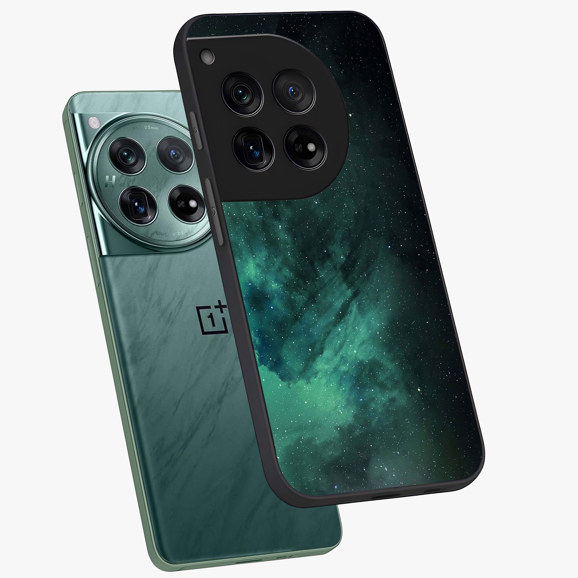 Emerald Green Space Glass Case for 1+12 angled mockup showcasing glossy finish and bold emerald gradients