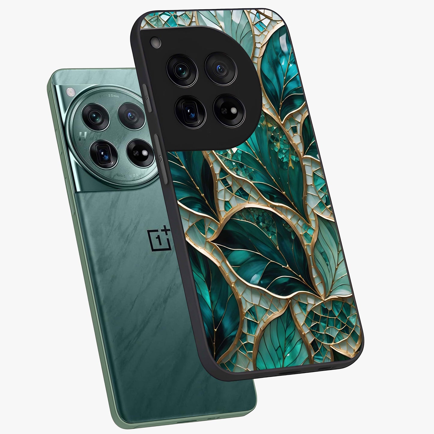 Emerald Leaf Glass Case for 1+12 angled mockup showcasing glossy finish and natural botanical tones