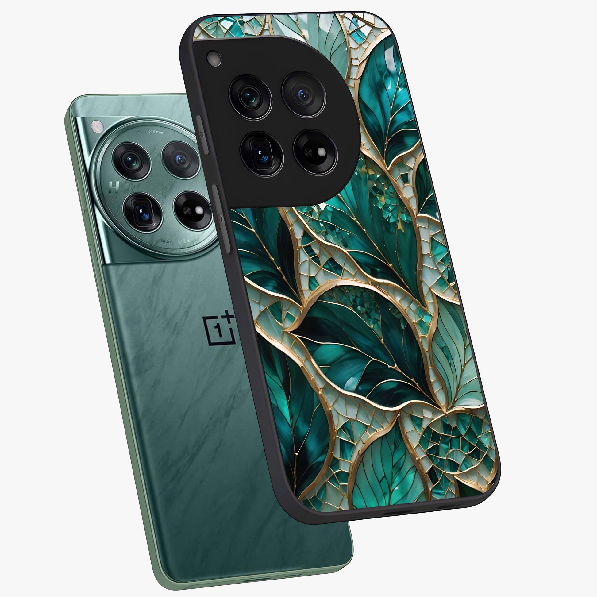 Emerald Leaf Glass Case for 1+12 angled mockup showcasing glossy finish and natural botanical tones