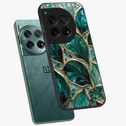 Emerald Leaf Glass Case for 1+12 angled mockup showcasing glossy finish and natural botanical tones