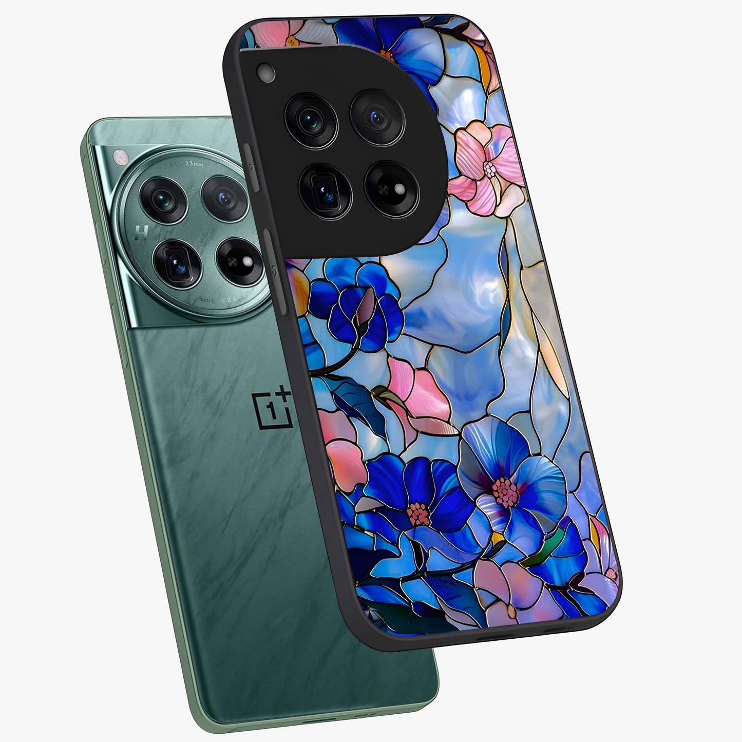 Eternal Floral Stained Glass Case for 1+12 angled mockup showcasing glossy finish and vibrant mosaic textures