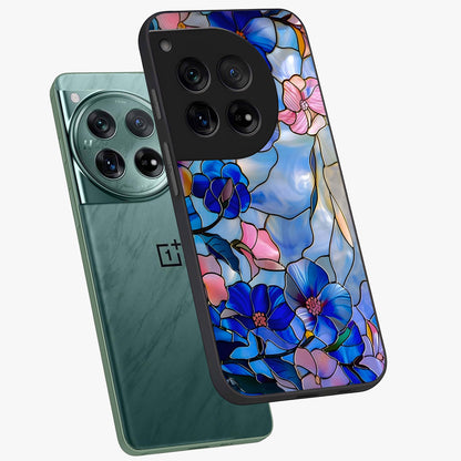 Eternal Floral Stained Glass Case for 1+12 angled mockup showcasing glossy finish and vibrant mosaic textures