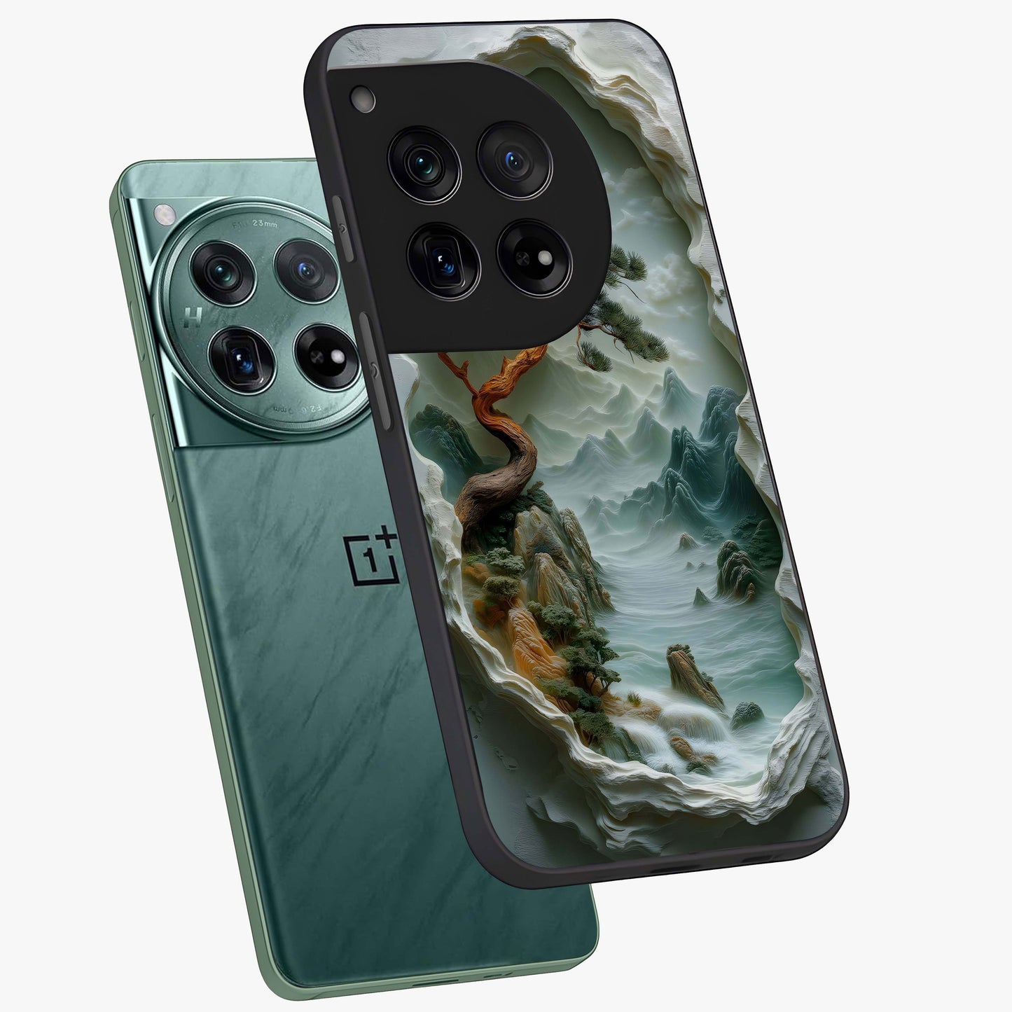 Eternal Nature Spirit Glass Case for 1+12 angled mockup showcasing glossy finish and calming botanical tones
