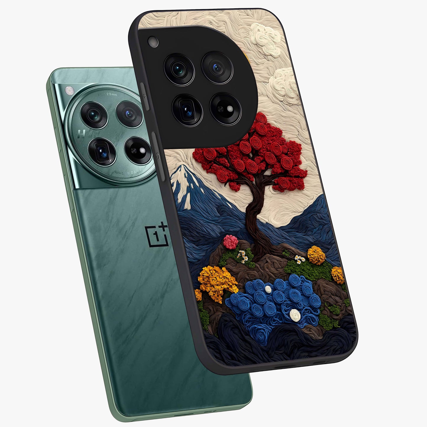 Eternal Nature Tapestry Glass Case for 1+12 angled mockup showcasing glossy finish and detailed botanical patterns