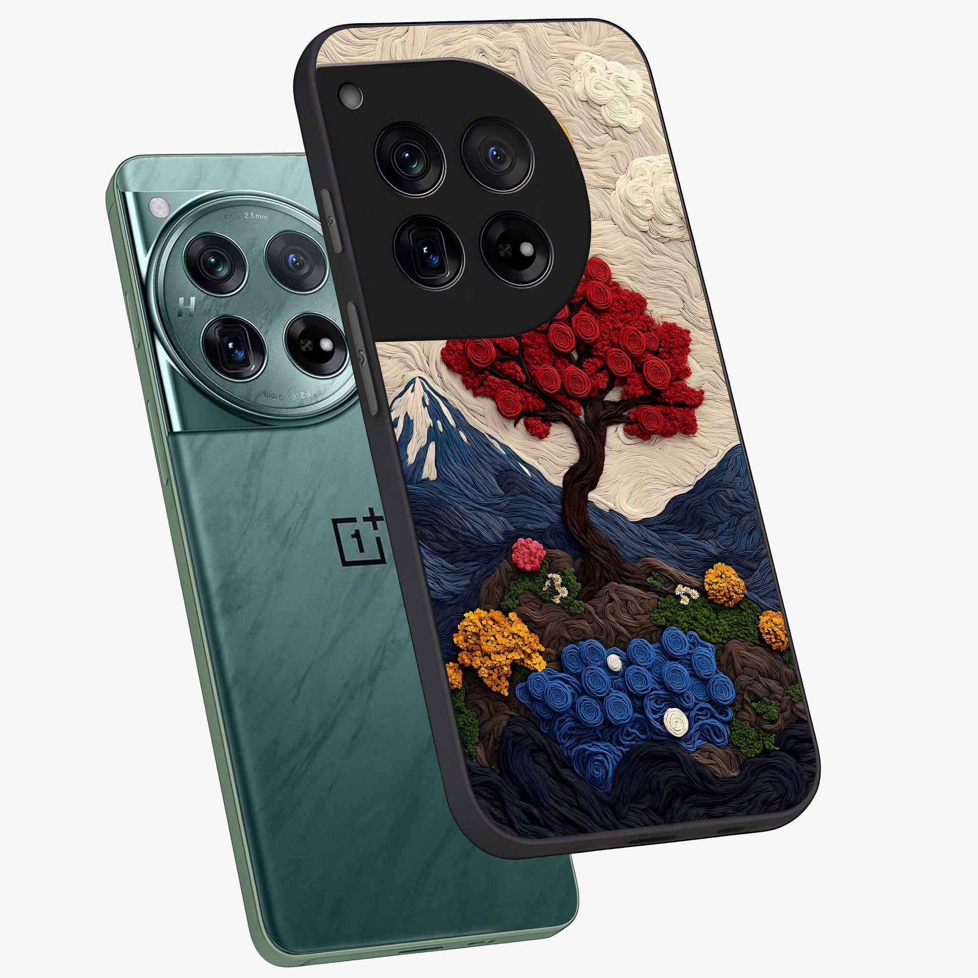 Eternal Nature Tapestry Glass Case for 1+12 angled mockup showcasing glossy finish and detailed botanical patterns