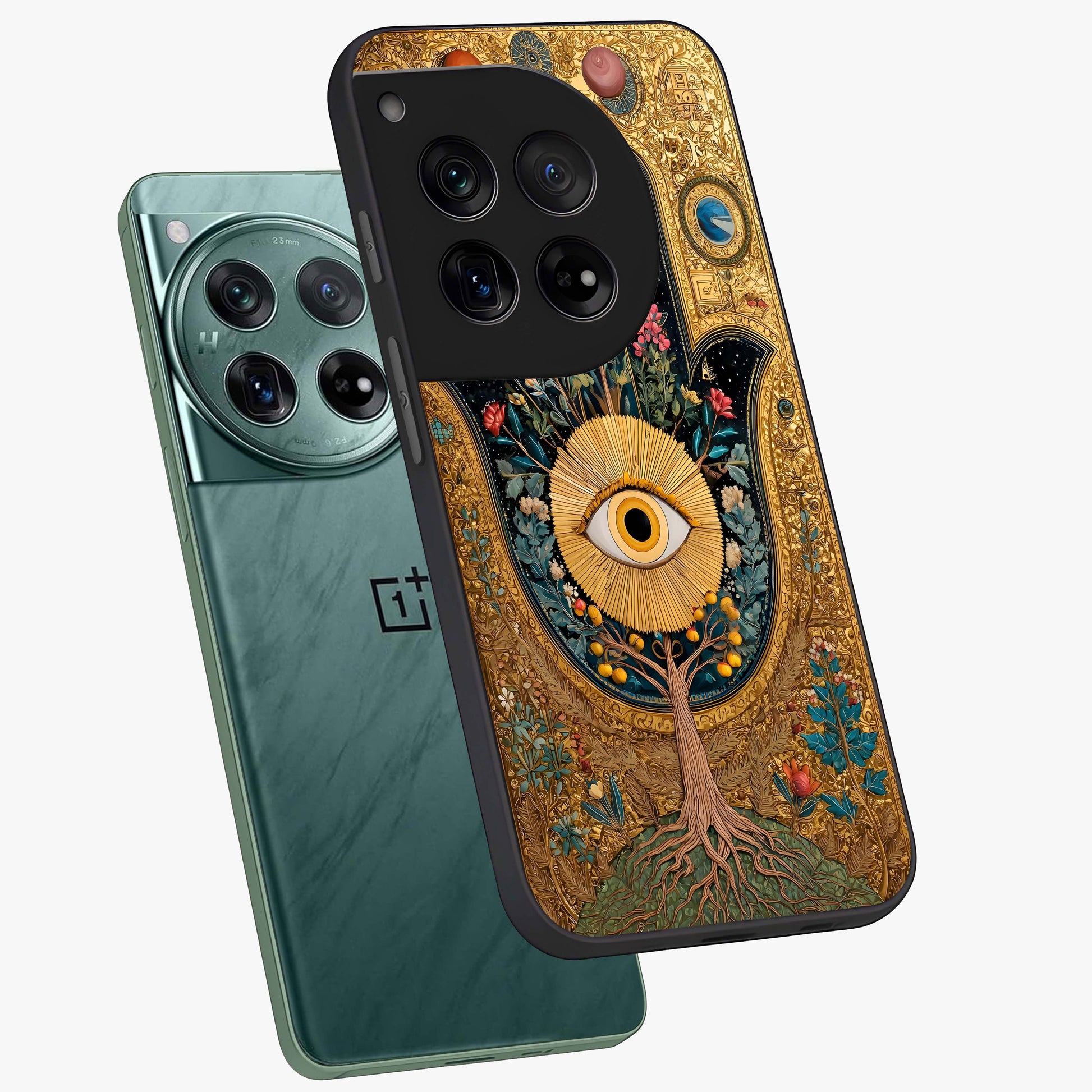 Ethereal Evil Eye Glass Case for 1+12 angled mockup showcasing glossy finish and celestial blue tones