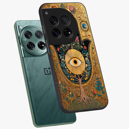 Ethereal Evil Eye Glass Case for 1+12 angled mockup showcasing glossy finish and celestial blue tones