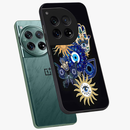 Evil Eye Charm Vibes Glass Case for 1+12 angled mockup showcasing glossy finish and protective symbol detailing