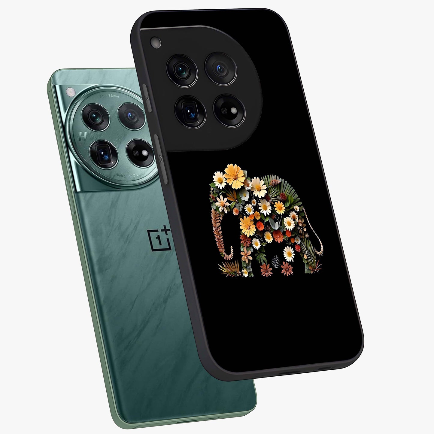 Floral Elephant Glass Case for 1+12 angled mockup showcasing glossy finish and vibrant cultural tones