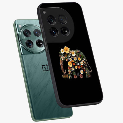 Floral Elephant Glass Case for 1+12 angled mockup showcasing glossy finish and vibrant cultural tones