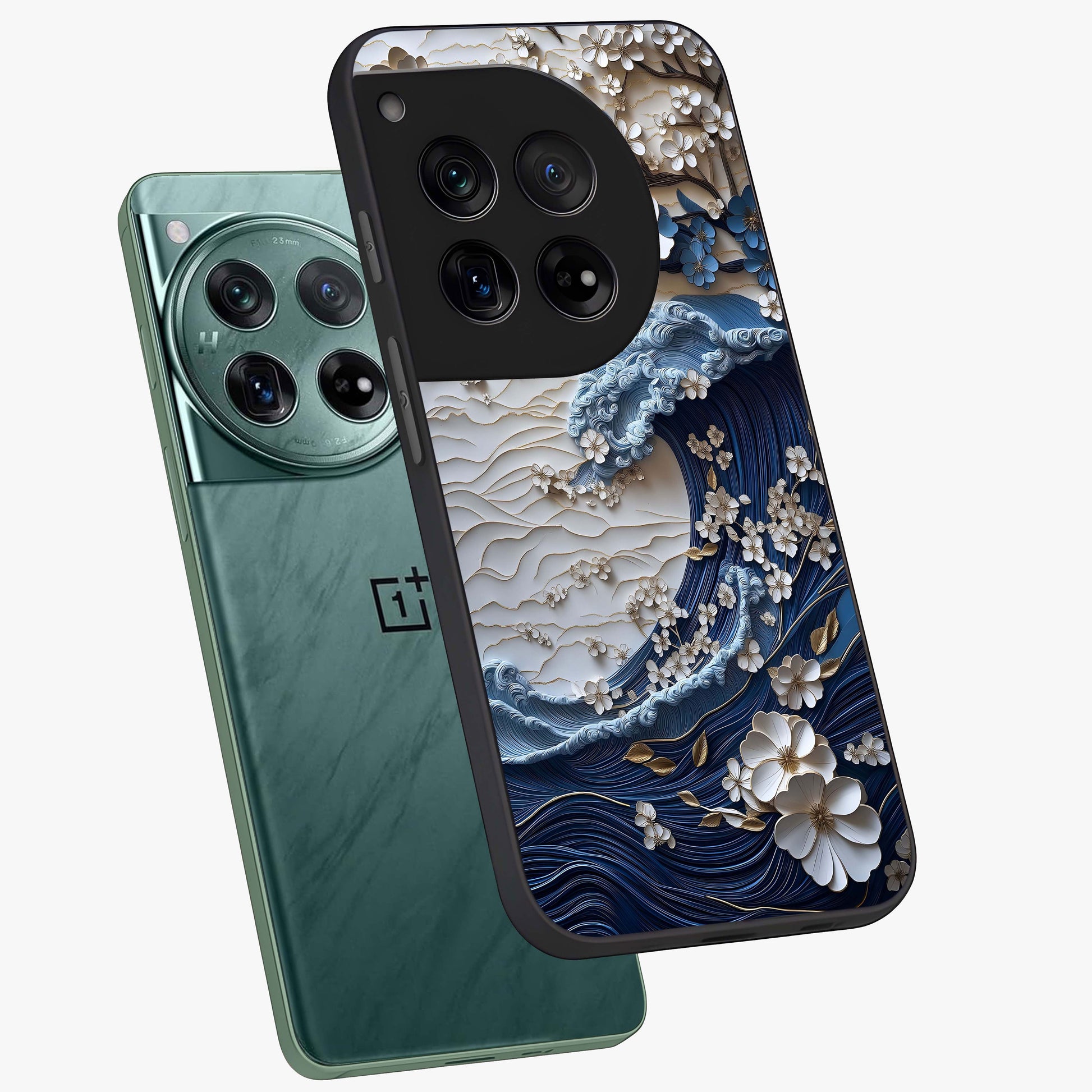 Floral Wave Origami Glass Case for 1+12 angled mockup showcasing glossy glass finish and geometric bloom detailing