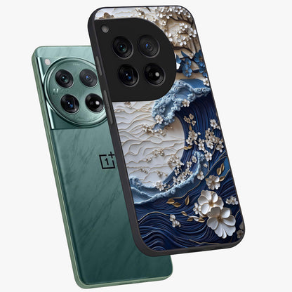 Floral Wave Origami Glass Case for 1+12 angled mockup showcasing glossy glass finish and geometric bloom detailing