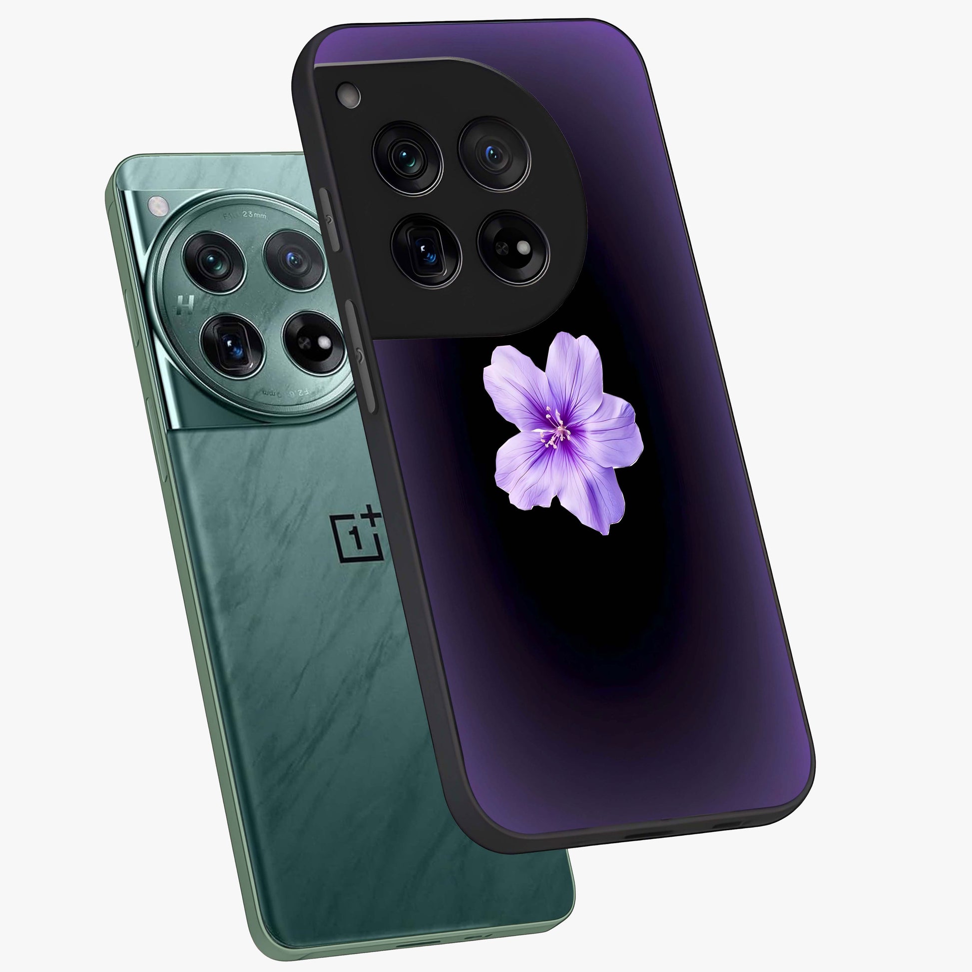 Flower on Soft Violet Gradient Glass Case for 1+12 angled mockup showcasing glossy finish and pastel purple tones