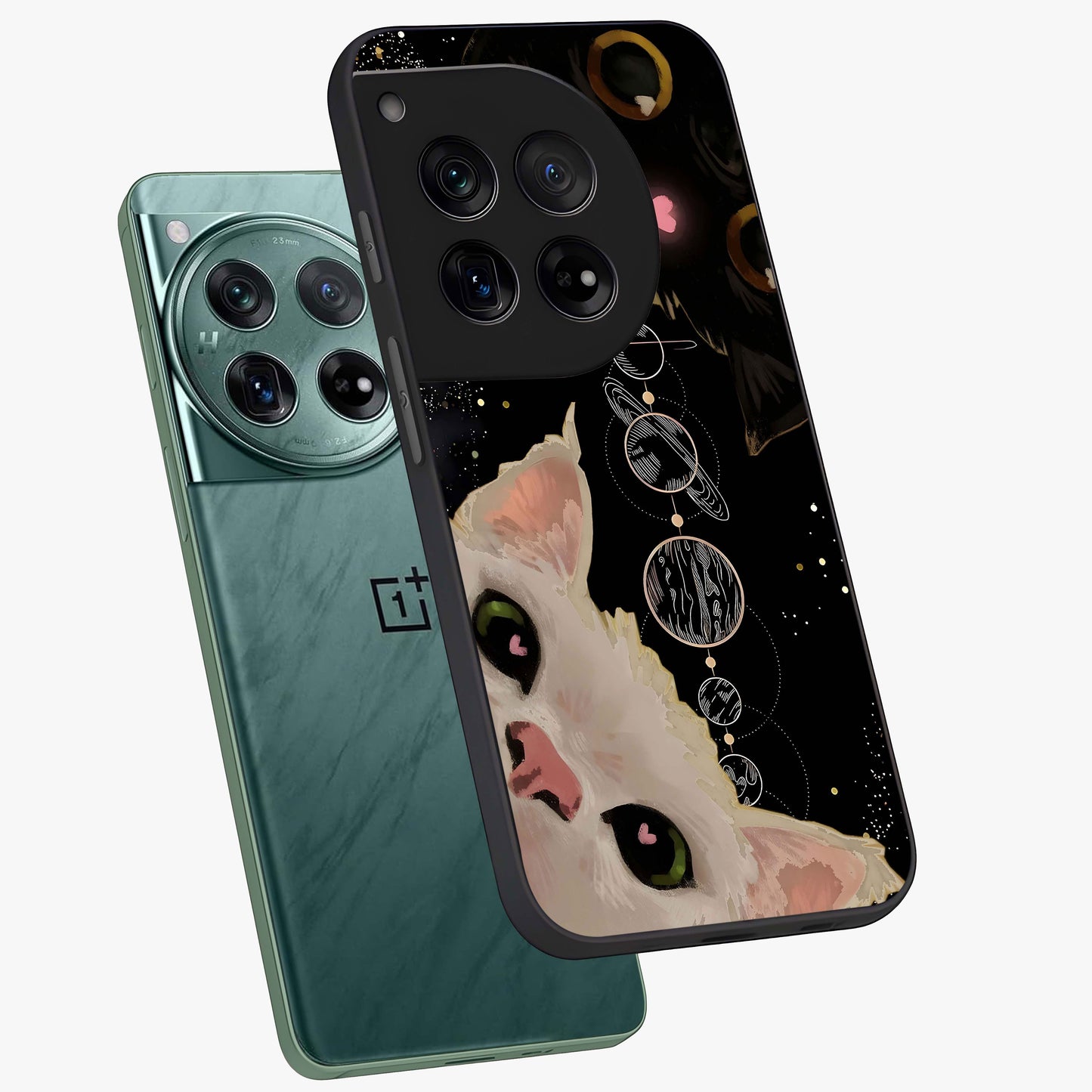 Galactic Cat Glass Case for 1+12 angled mockup showcasing glossy finish and luminous space detailing