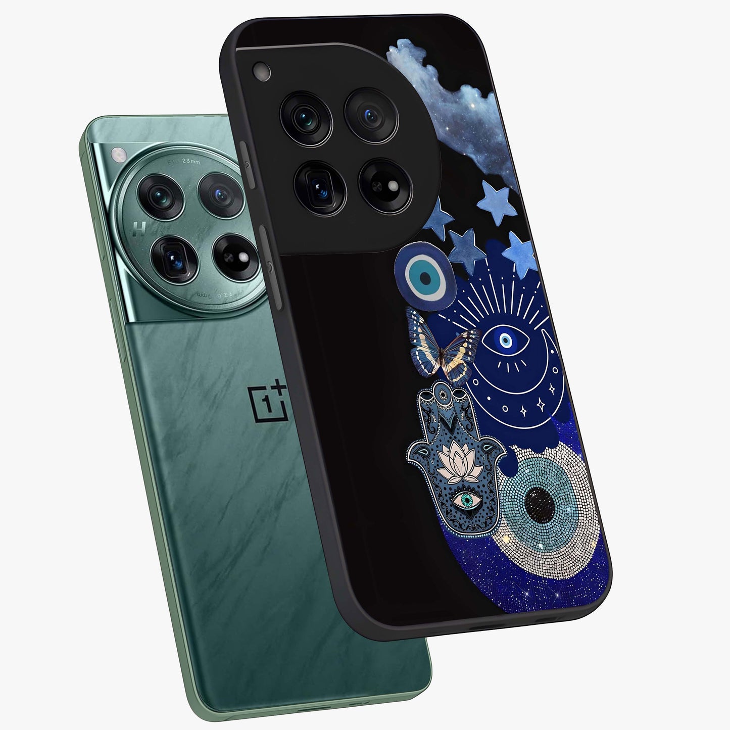 Galactic Charm Cluster Glass Case for 1+12 angled mockup showcasing glossy finish and vibrant star detailing