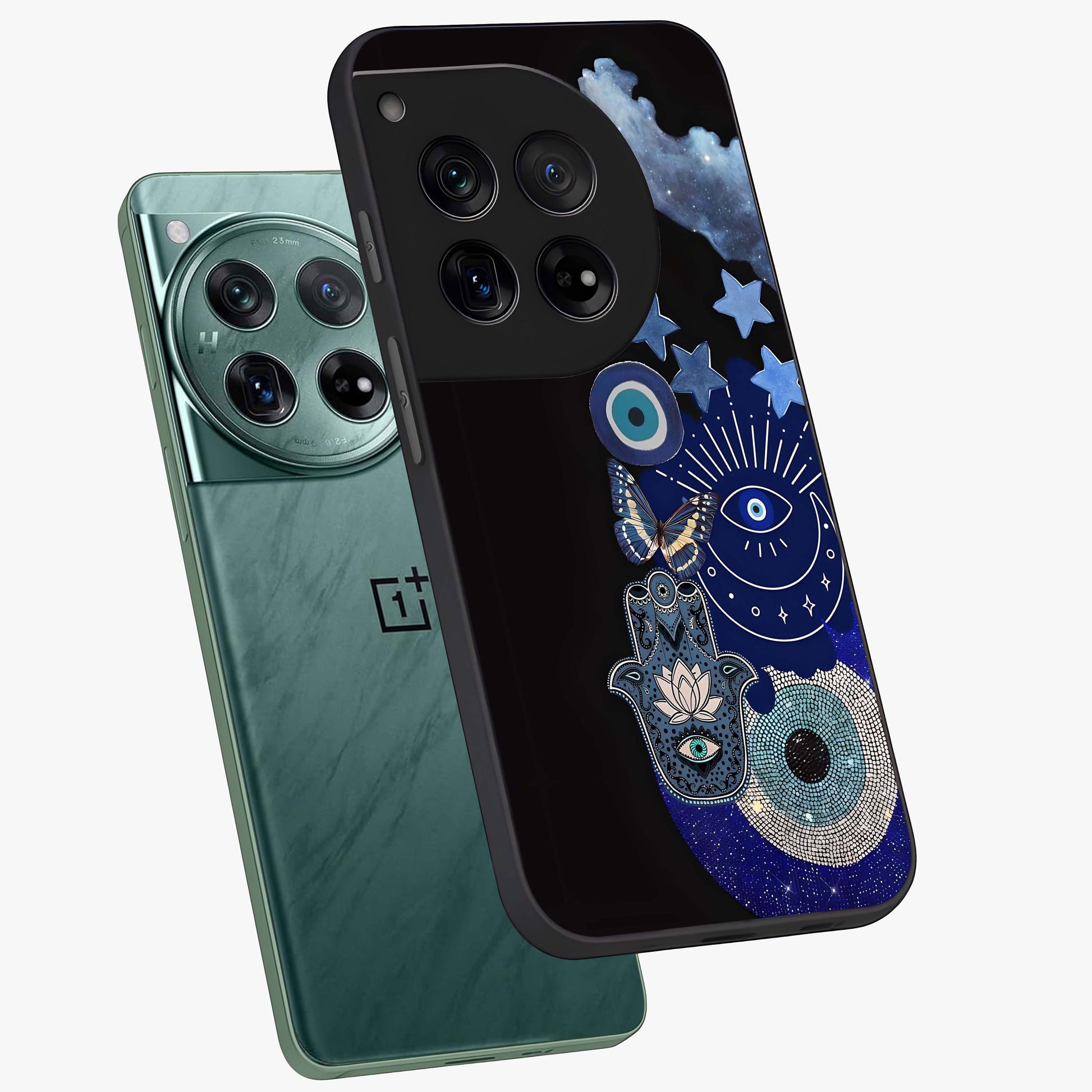 Galactic Charm Cluster Glass Case for 1+12 angled mockup showcasing glossy finish and vibrant star detailing