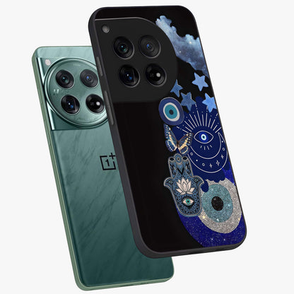 Galactic Charm Cluster Glass Case for 1+12 angled mockup showcasing glossy finish and vibrant star detailing