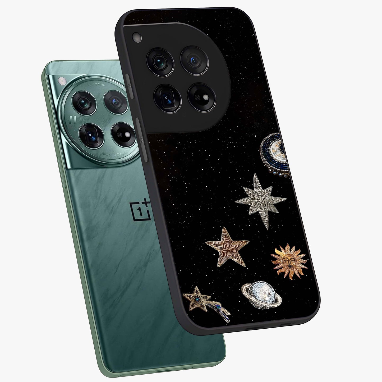 Galactic Charm Glow Glass Case for 1+12 angled mockup showcasing glossy glass finish and luminous galaxy tones