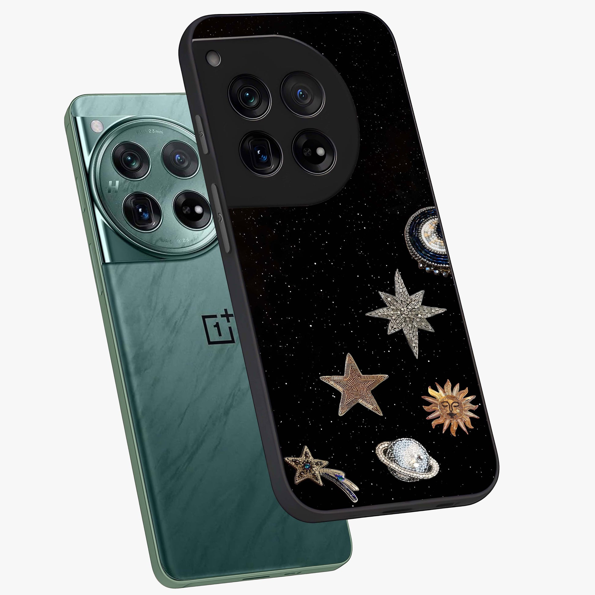 Galactic Charm Glow Glass Case for 1+12 angled mockup showcasing glossy glass finish and luminous galaxy tones