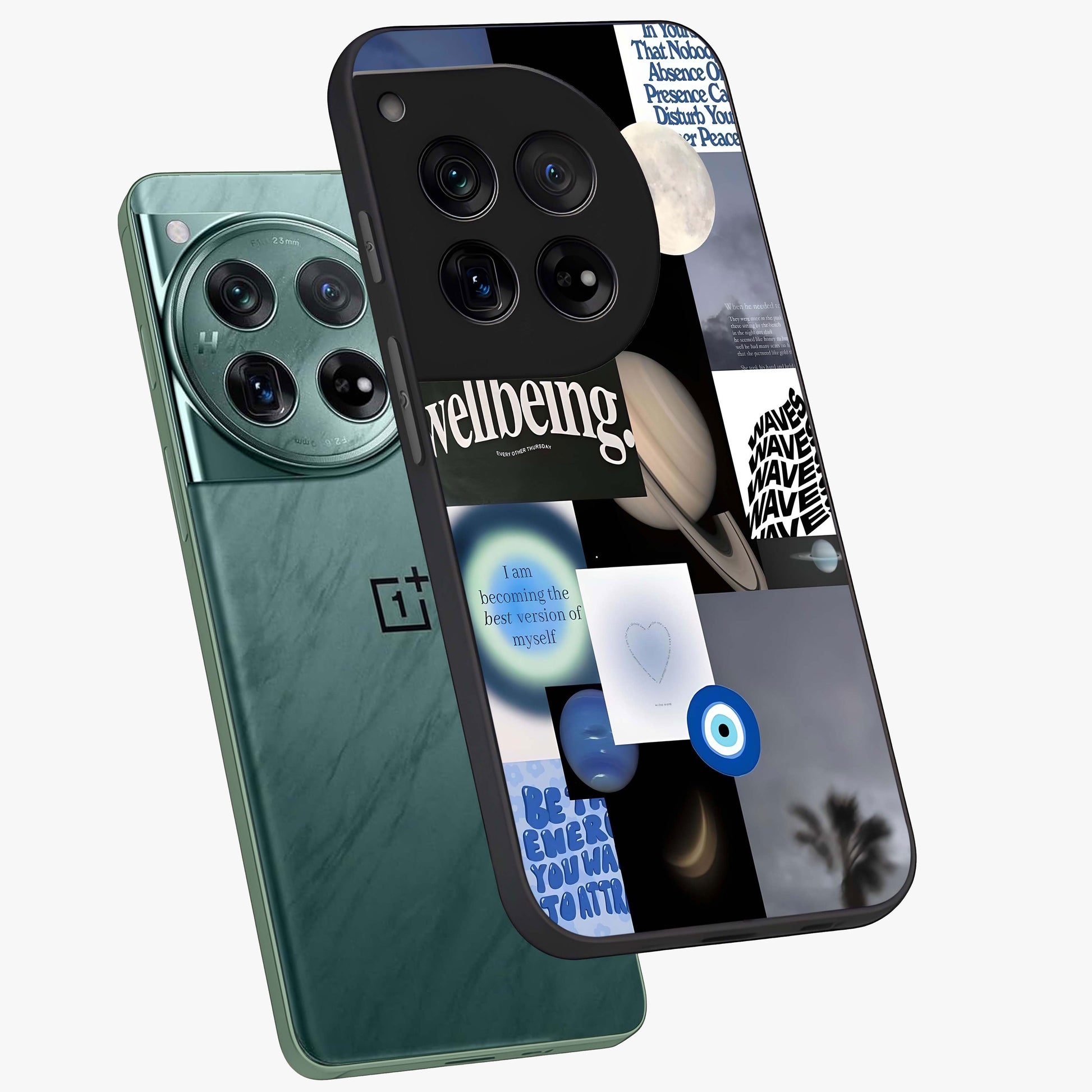Galactic Energy Collage Glass Case for 1+12 angled mockup showcasing glossy finish and vibrant space textures