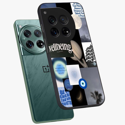 Galactic Energy Collage Glass Case for 1+12 angled mockup showcasing glossy finish and vibrant space textures