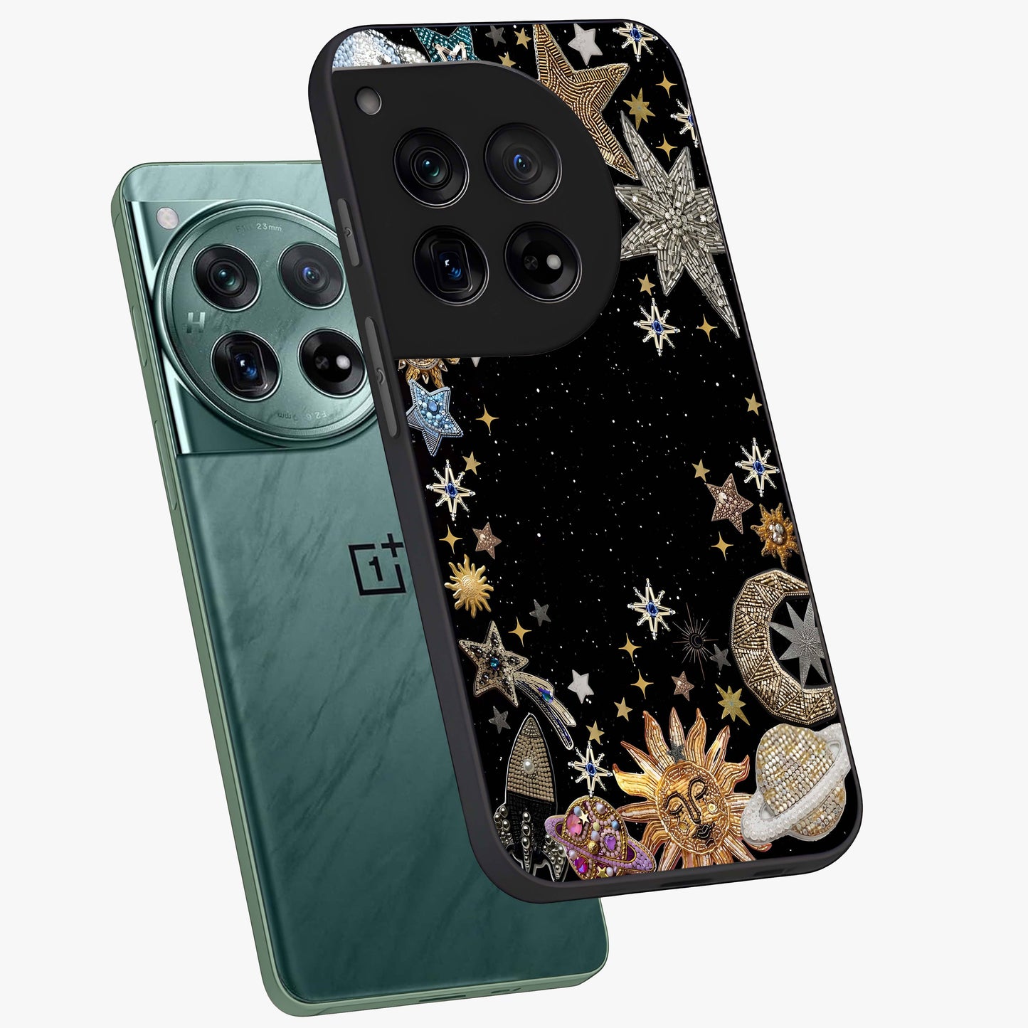 Galactic Jewel Stars Glass Case for 1+12 angled mockup showcasing glossy finish and radiant cosmic tones