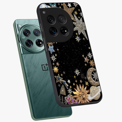 Galactic Jewel Stars Glass Case for 1+12 angled mockup showcasing glossy finish and radiant cosmic tones