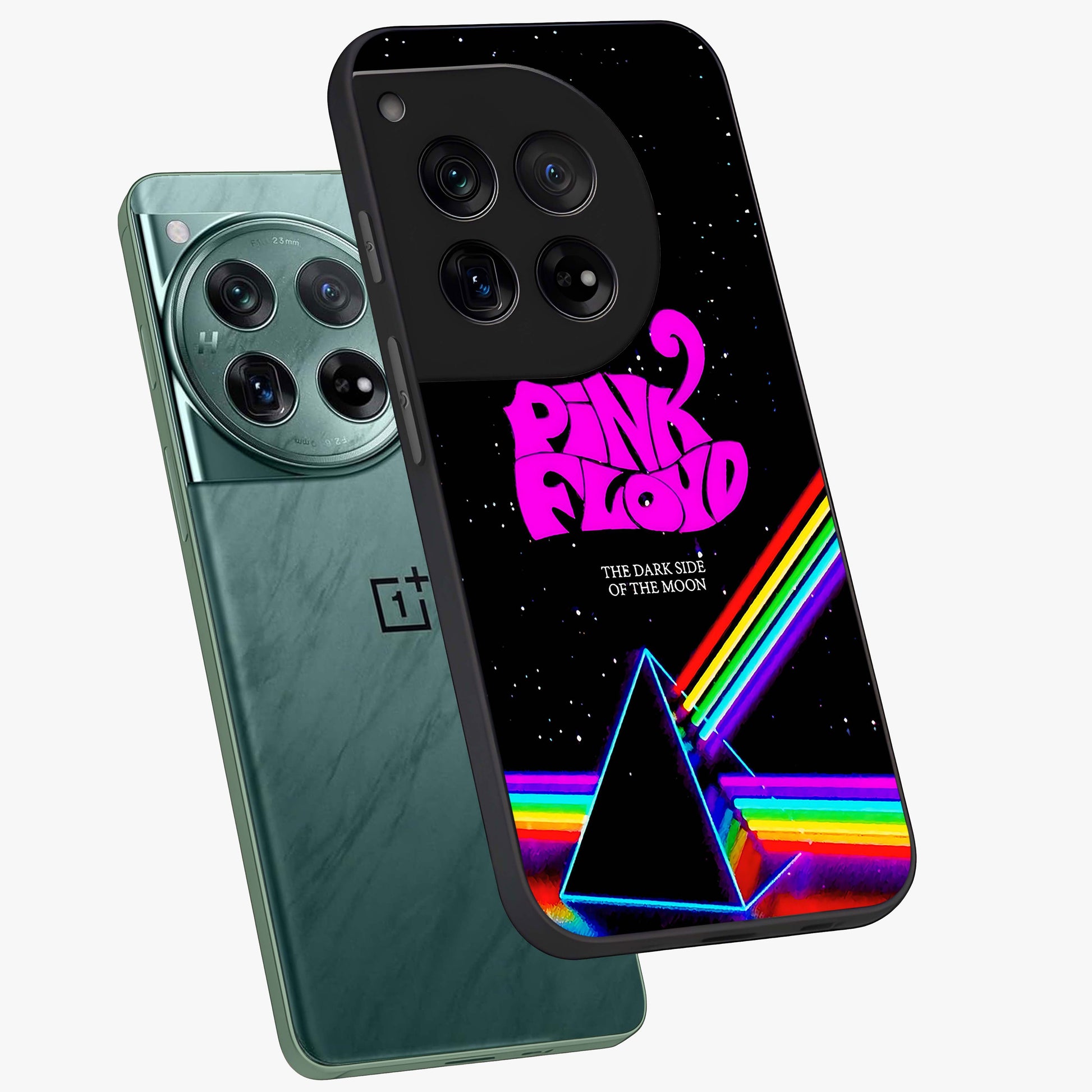Galactic Light Frequency Glass Case for 1+12 angled mockup showcasing glossy finish and vibrant neon detailing