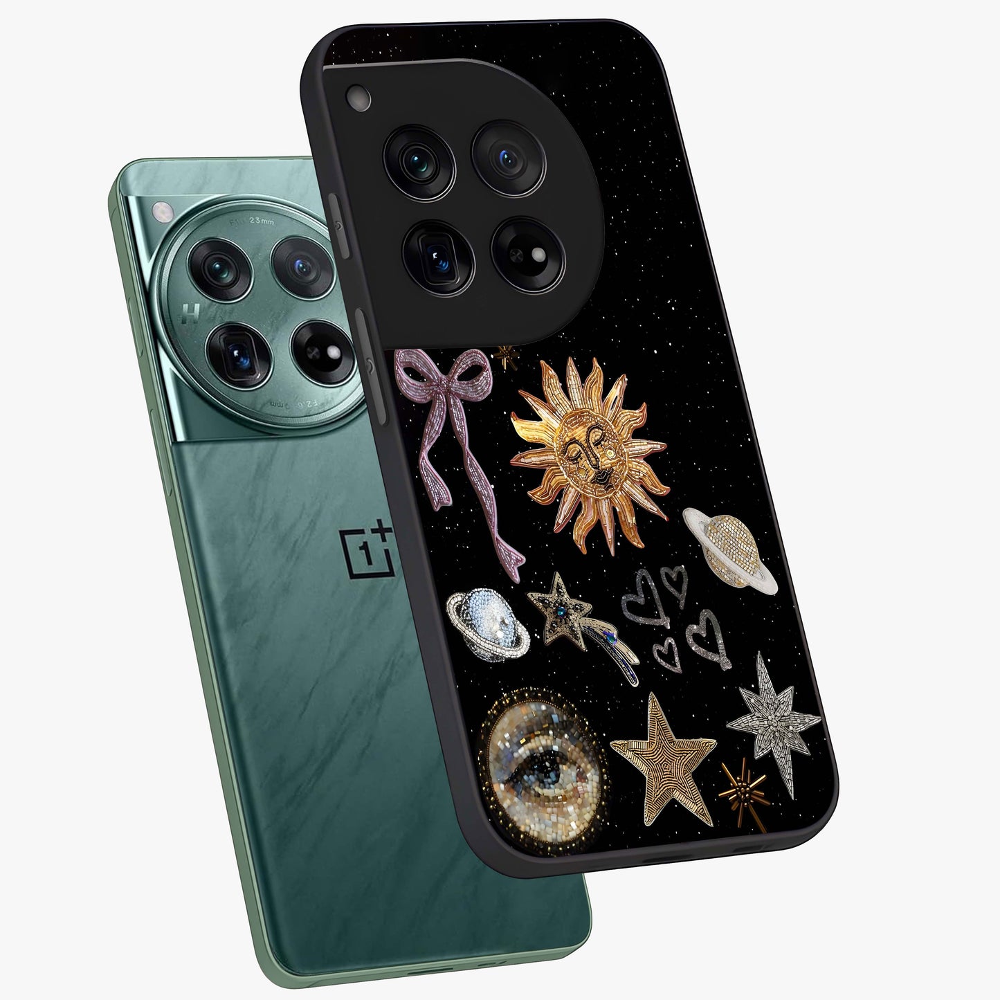Galactic Sun Charm Glass Case for 1+12 angled mockup showcasing glossy finish and warm galaxy tones