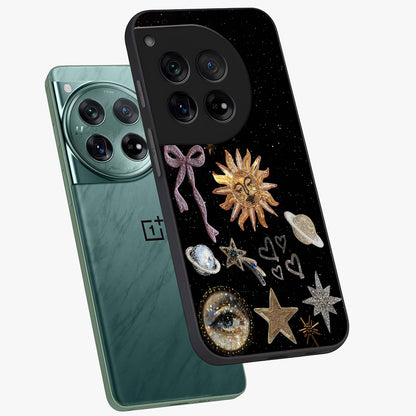 Galactic Sun Charm Glass Case for 1+12 angled mockup showcasing glossy finish and warm galaxy tones