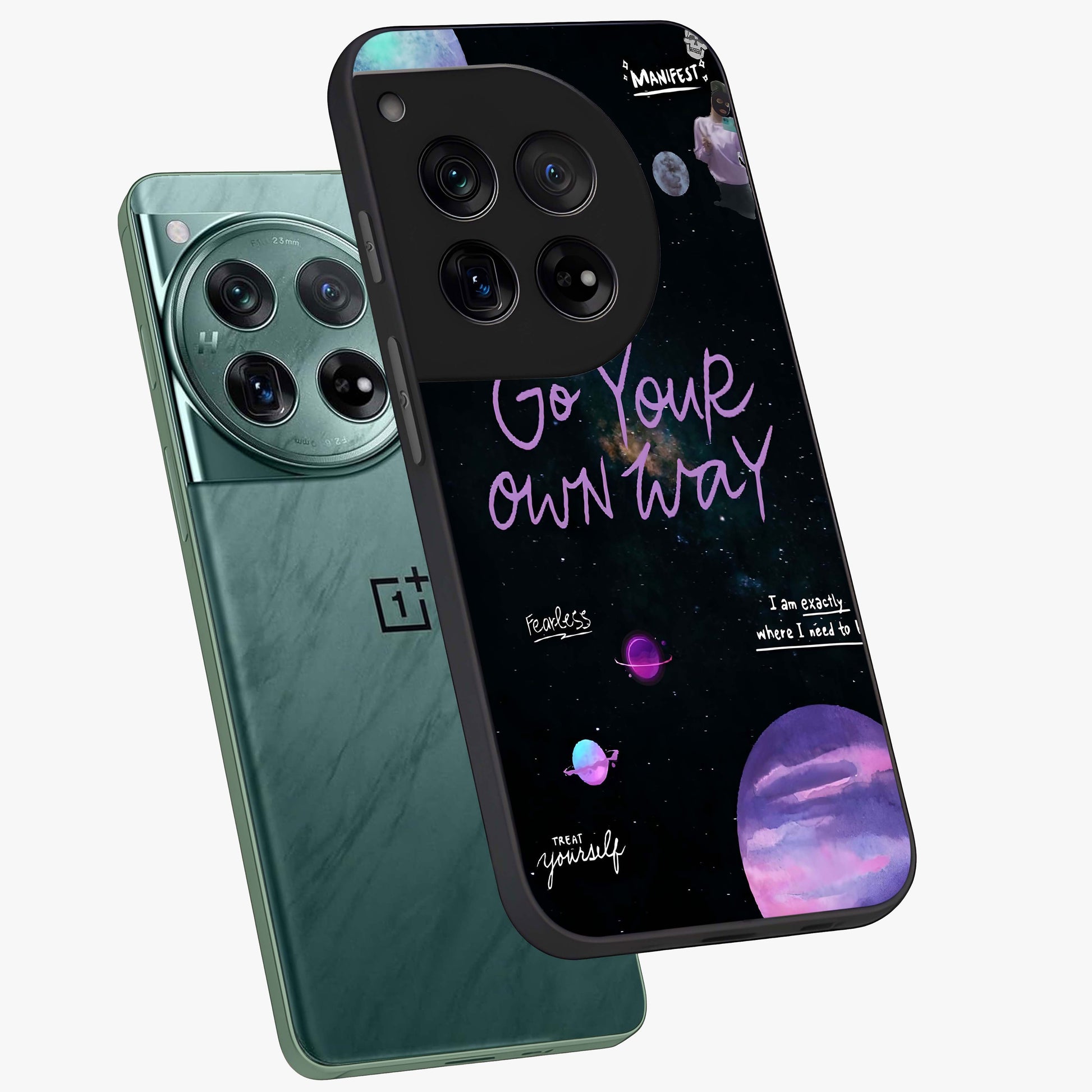 Galactic Vibes Universe Glass Case for 1+12 angled mockup showcasing glossy finish and deep space gradients
