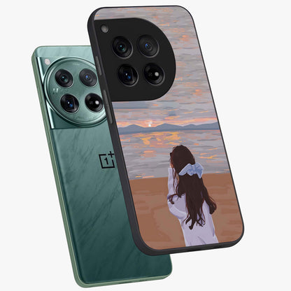 Girl Facing Sunset Beach Glass Case for 1+12 angled mockup showcasing glossy glass finish and warm beach tones