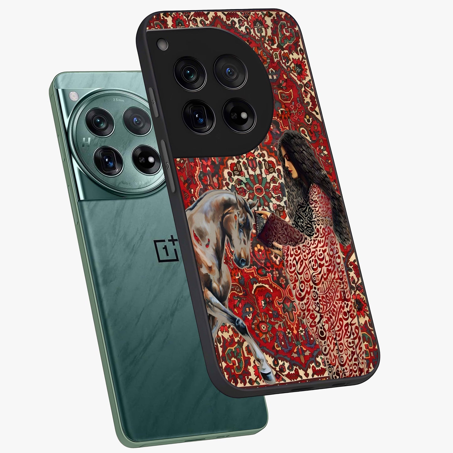 Girl With Horse Glass Case for 1+12 angled mockup showcasing glossy finish and serene countryside tones