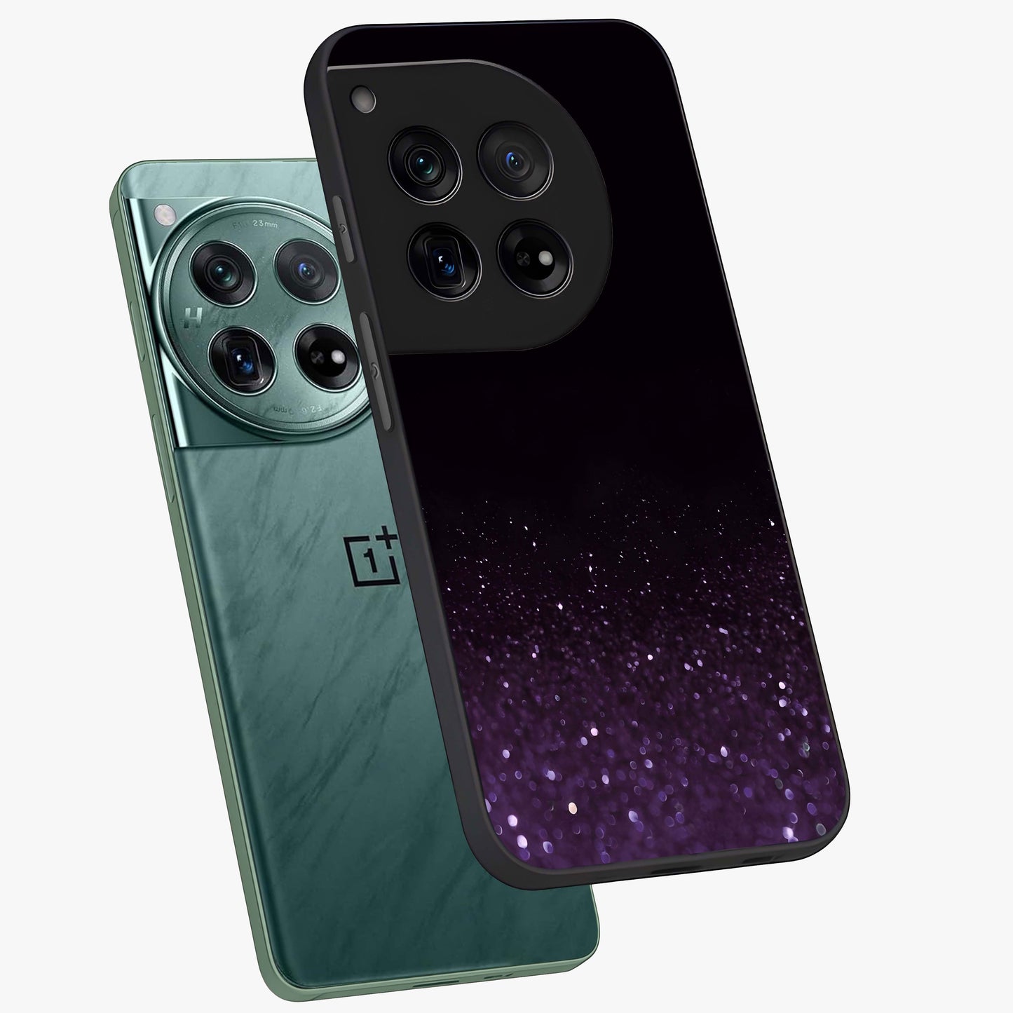 Glittery Purple Bokeh Glass Case for 1+12 angled mockup showcasing glossy finish and luminous shimmer tones