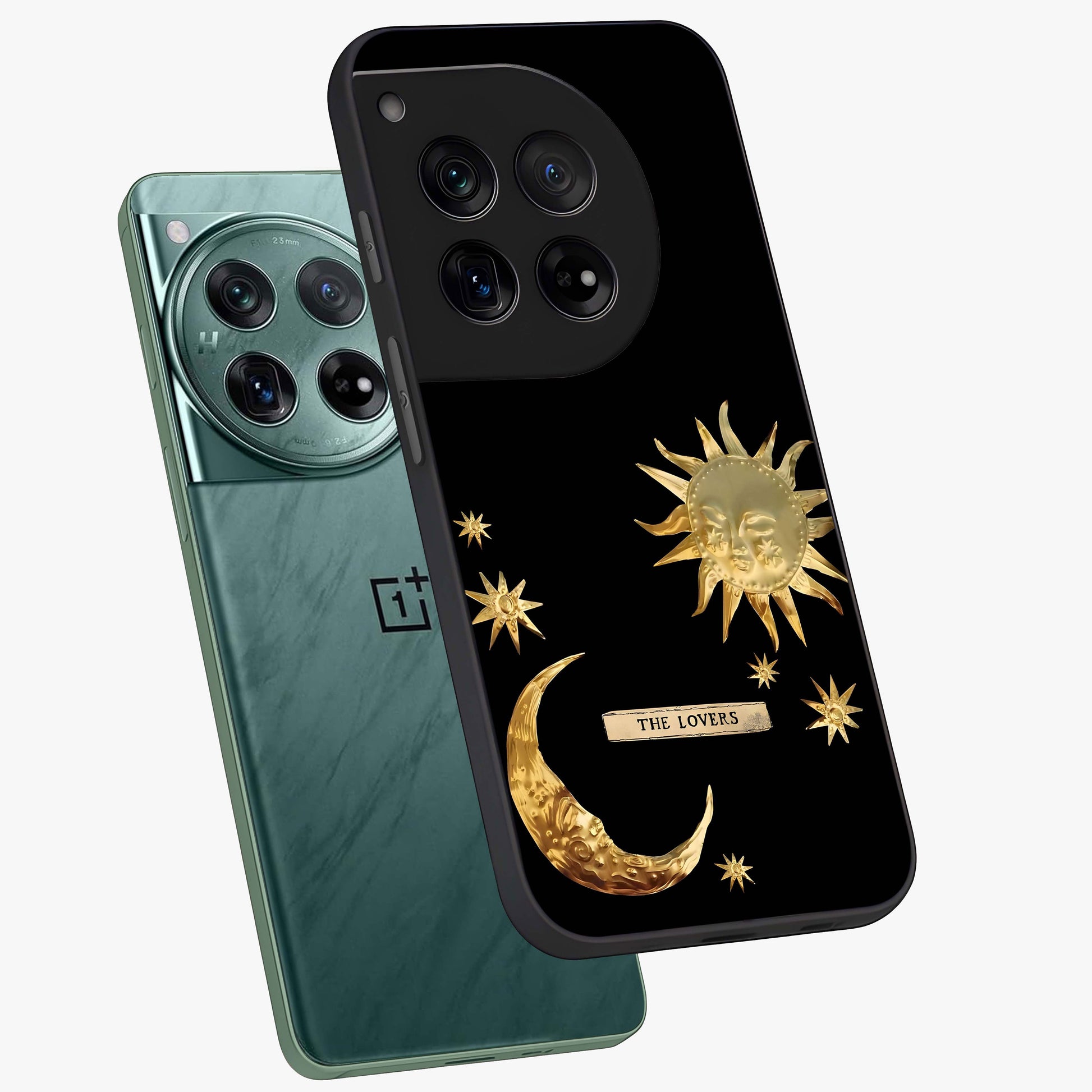 Golden Crescent Mood Glass Case for 1+12 angled mockup showcasing glossy finish and subtle night gradients