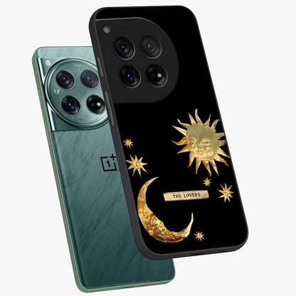 Golden Crescent Mood Glass Case for 1+12 angled mockup showcasing glossy finish and subtle night gradients