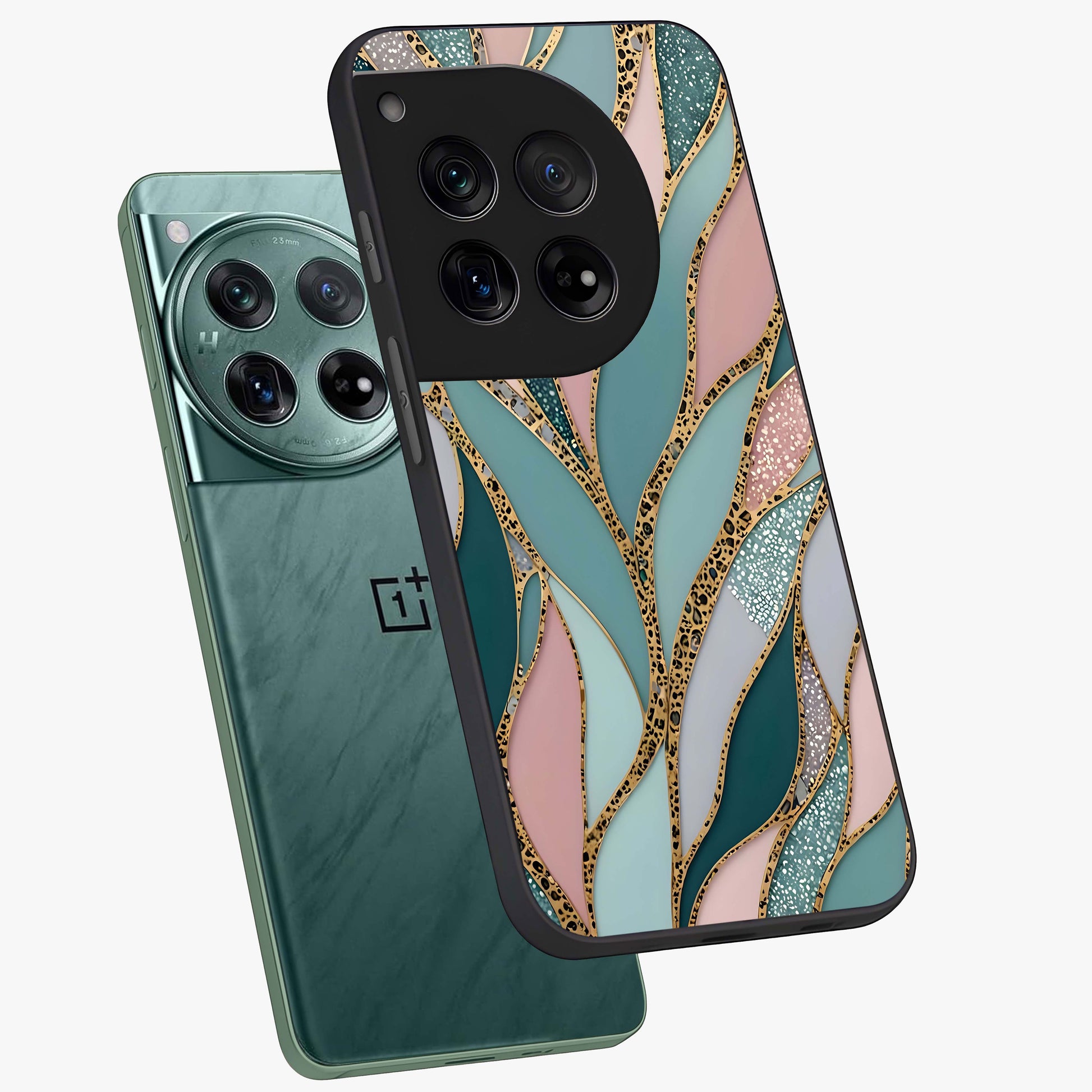 Golden Lotus Glow Glass Case for 1+12 angled mockup showcasing glossy finish and luminous spiritual tones