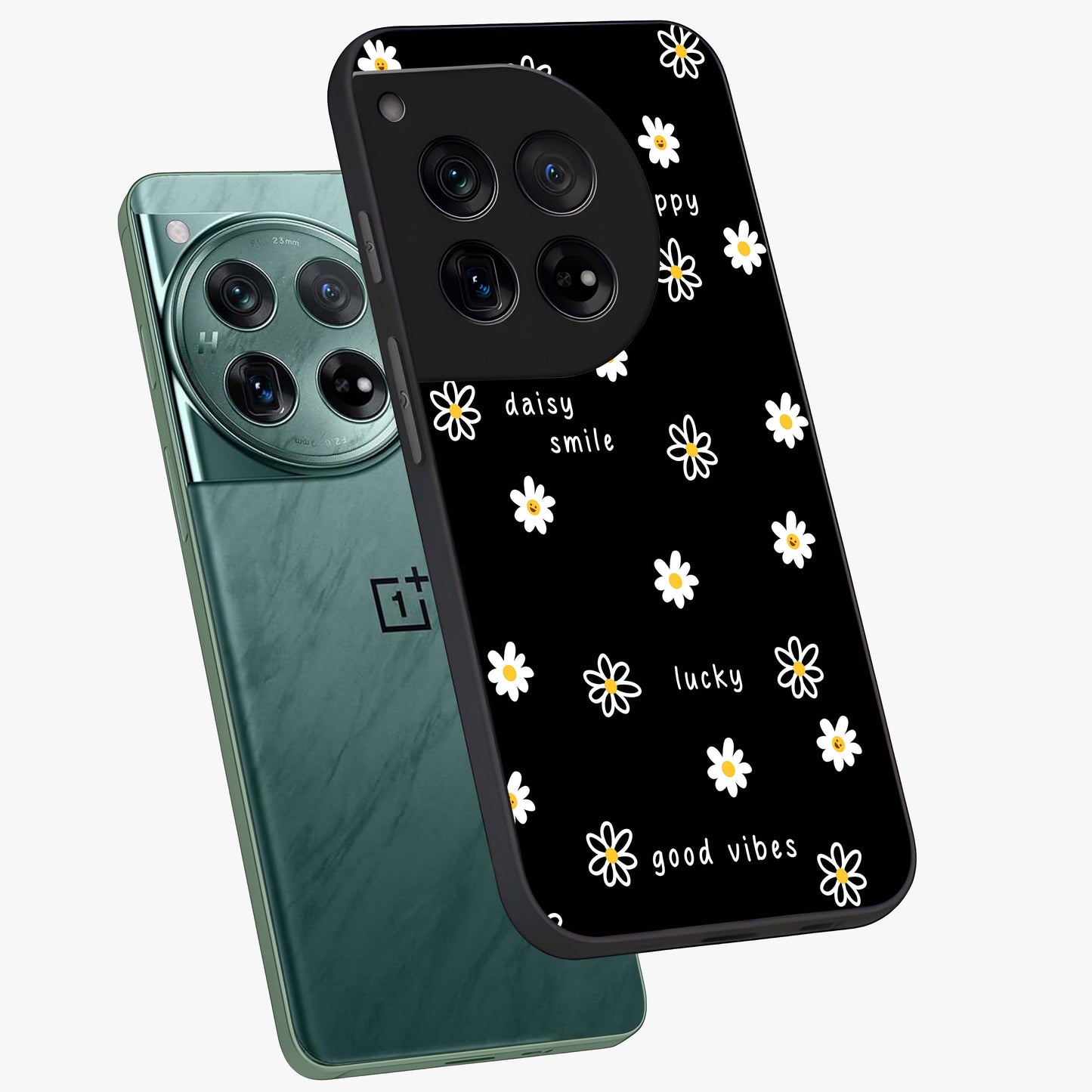 Good Vibes Daisy Black Pattern Glass Case for 1+12 angled mockup showcasing glossy finish and bold floral contrast