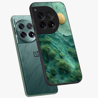 Green Hills With Sun Glass Case for 1+12 angled mockup showcasing glossy finish and natural gradient tones