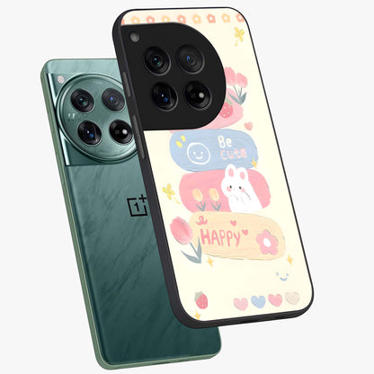 Happy Cute Bunny Glass Case for 1+12 angled mockup showcasing glossy finish and soft pastel tones