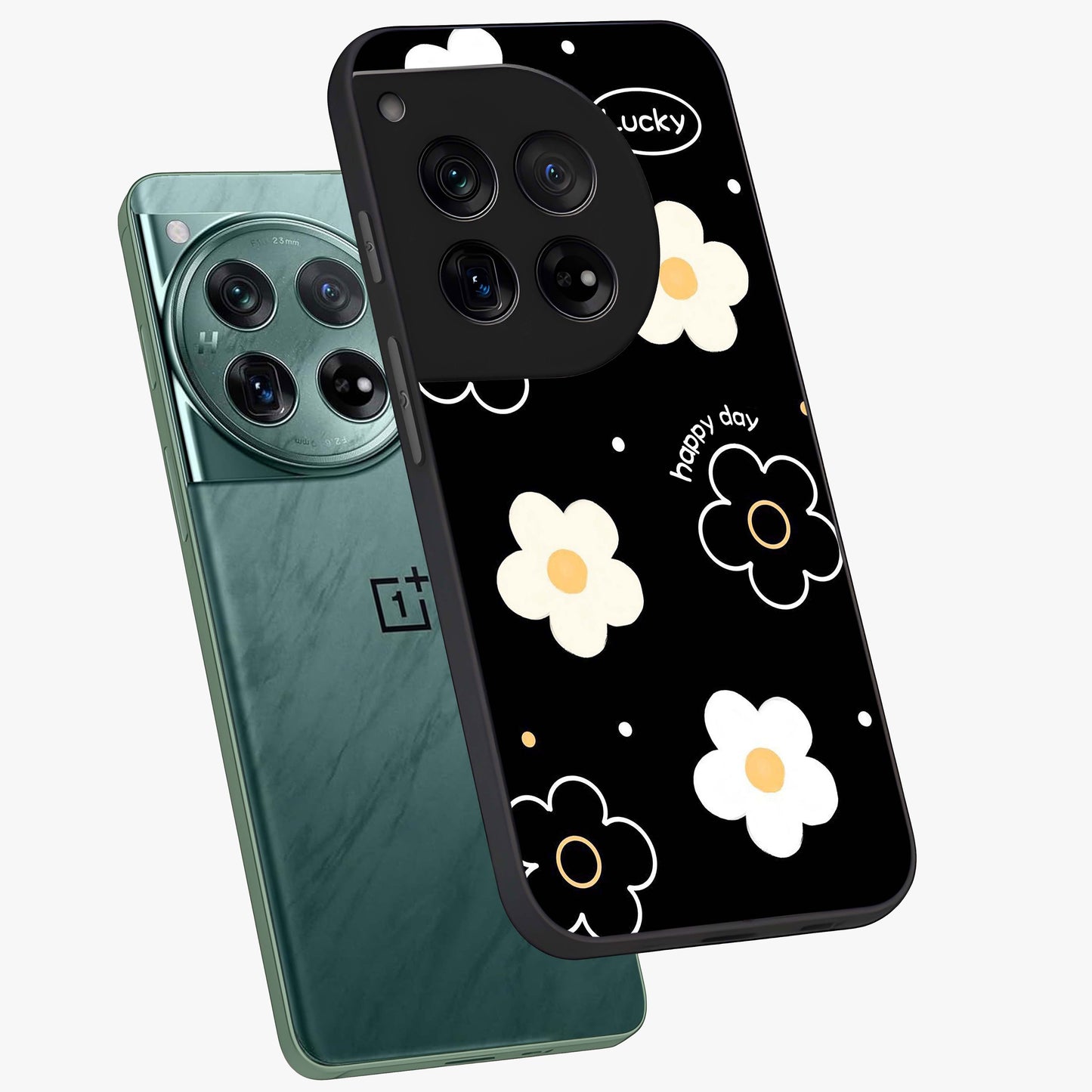 Happy Day Daisy Glass Case for 1+12 angled mockup showcasing glossy finish and vibrant bloom tones