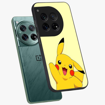 Happy Electric Pikachu Glass Case for 1+12 angled mockup showcasing glossy finish and vibrant yellow tones