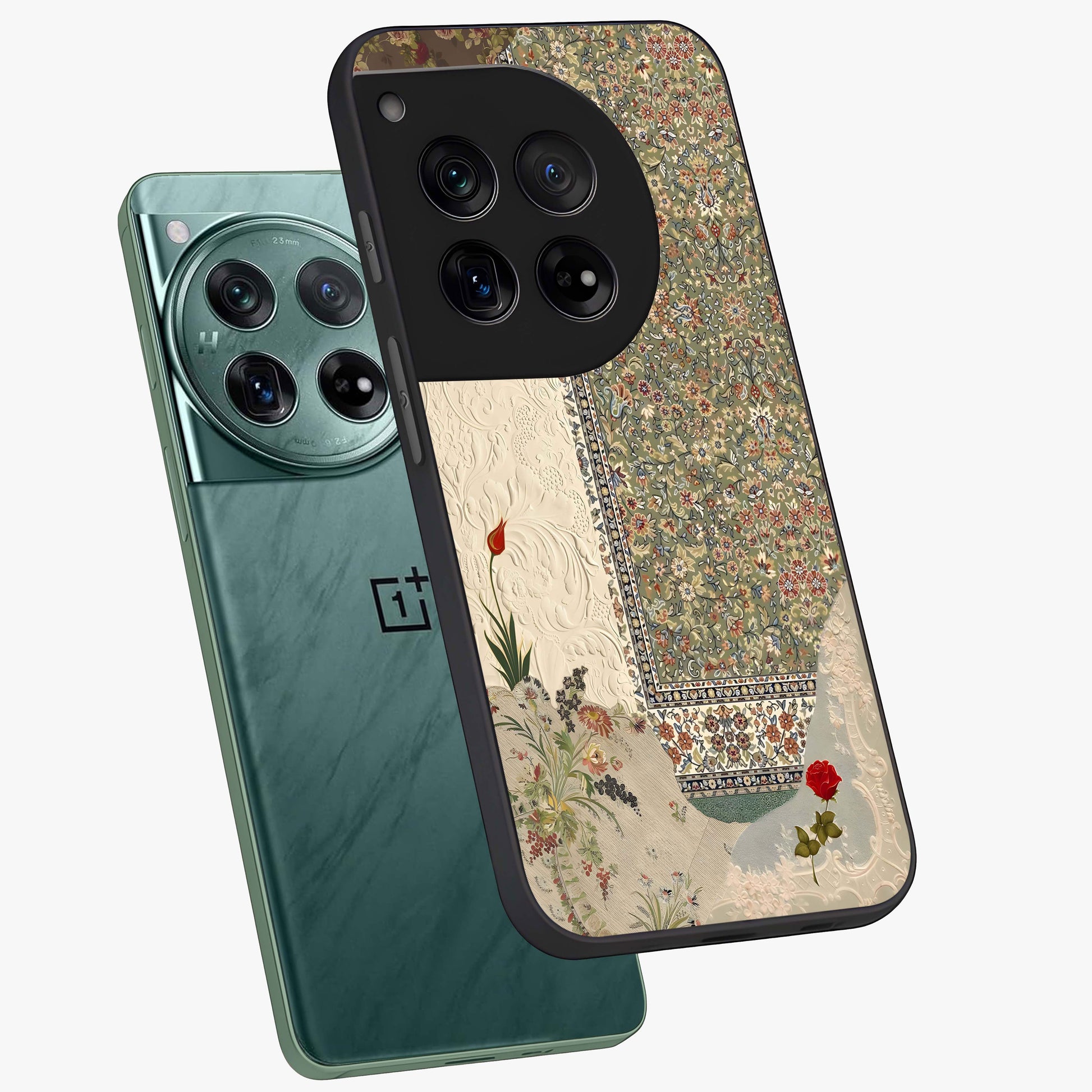 Heritage Textile Layers Glass Case for 1+12 captured at a warm angle highlighting rich fabric patterns, gloss, and edge clarity.