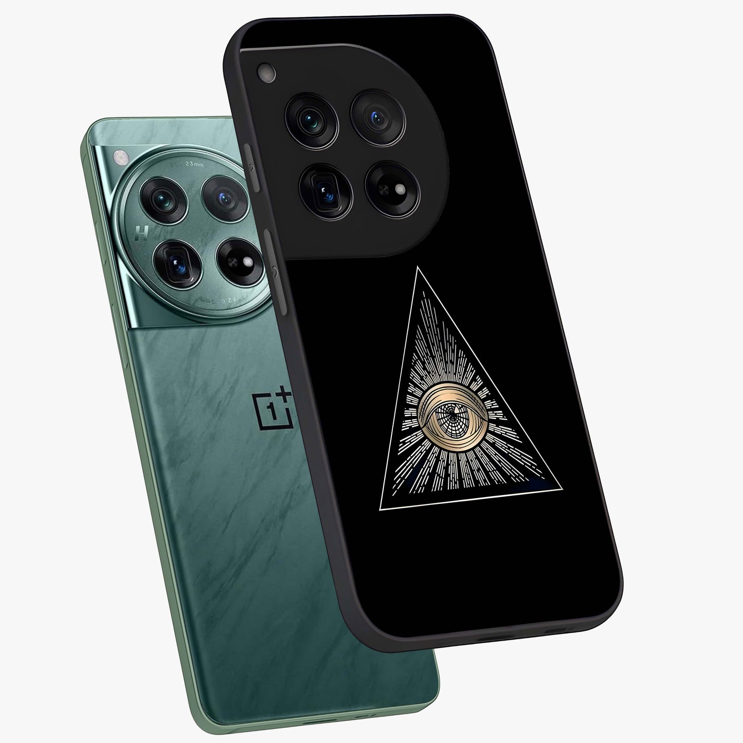 Illuminati Evil Glass Case for 1+12 captured at a warm angle highlighting sharp graphic details, gloss, and edge clarity.