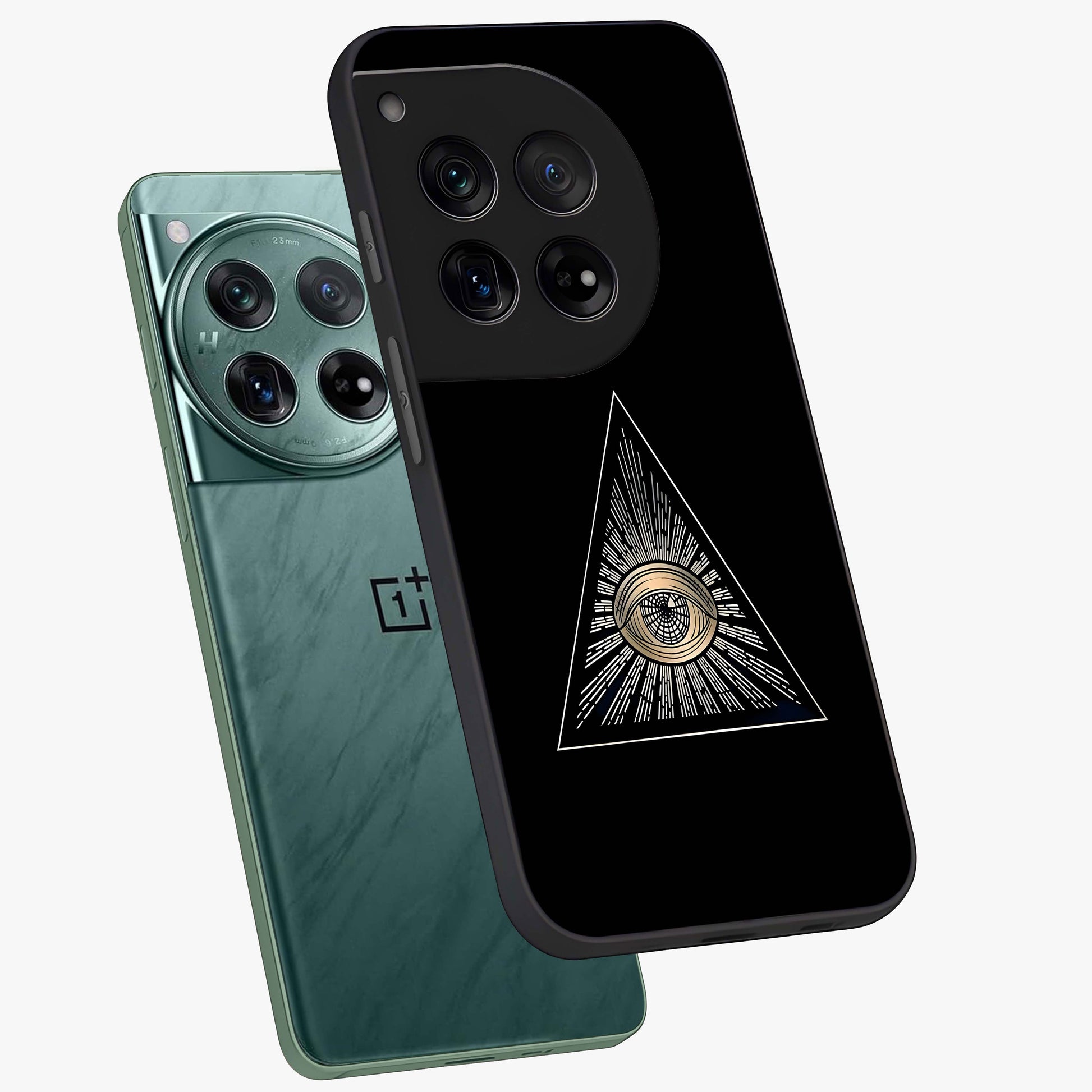 Illuminati Evil Glass Case for 1+12 captured at a warm angle highlighting sharp graphic details, gloss, and edge clarity.