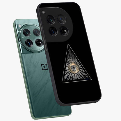 Illuminati Evil Glass Case for 1+12 captured at a warm angle highlighting sharp graphic details, gloss, and edge clarity.